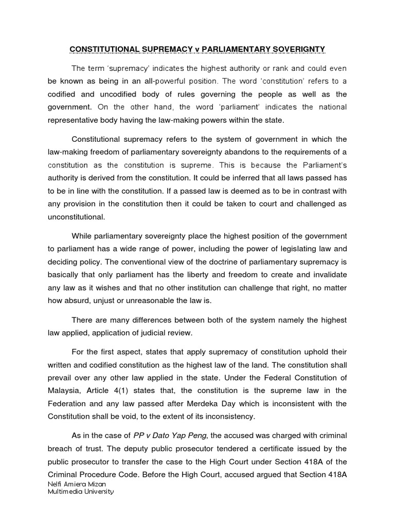 Constitutional Supremacy v Parliamentary Supremacy Constitution