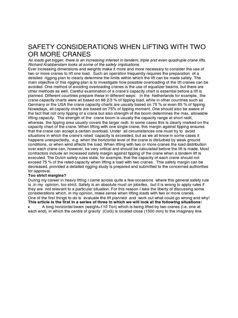 Tandem Crane Lifting Safety Guidelines | PDF | Crane (Machine) | Lift ...