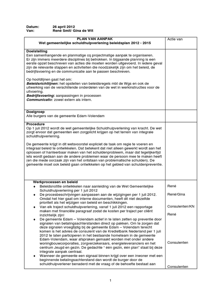 Plan Van Aanpak Schuldhulpverlening van van de gemeente EdamVolendam