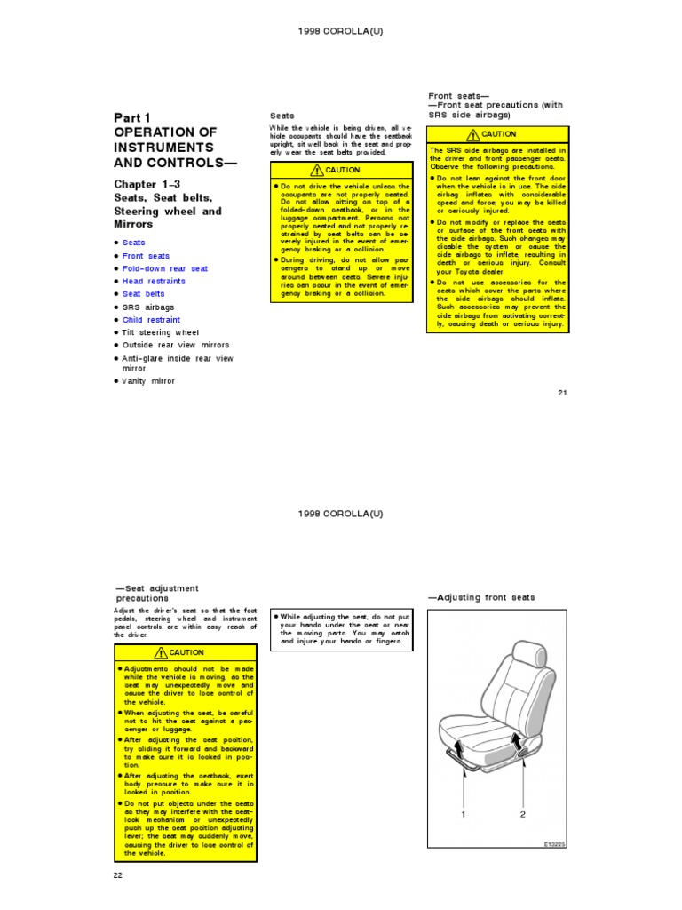Operation and Controls of Seats, Seat Belts, Steering Wheel and Mirrors