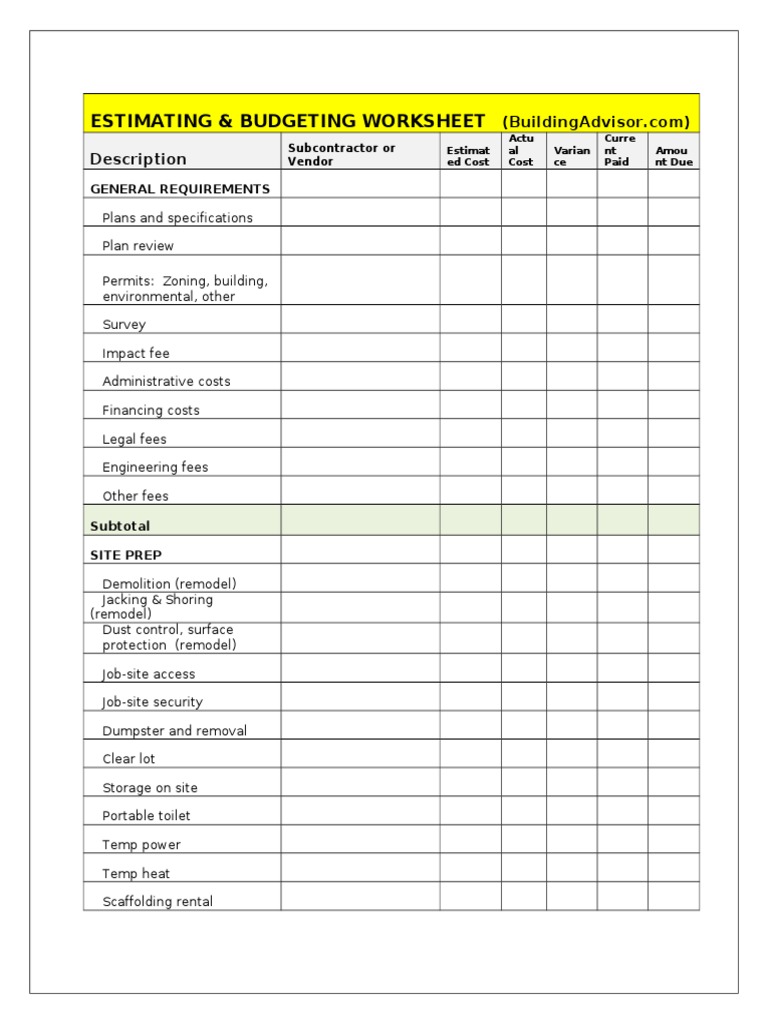 Construction Budget Estimation Worksheet | PDF | Framing (Construction ...