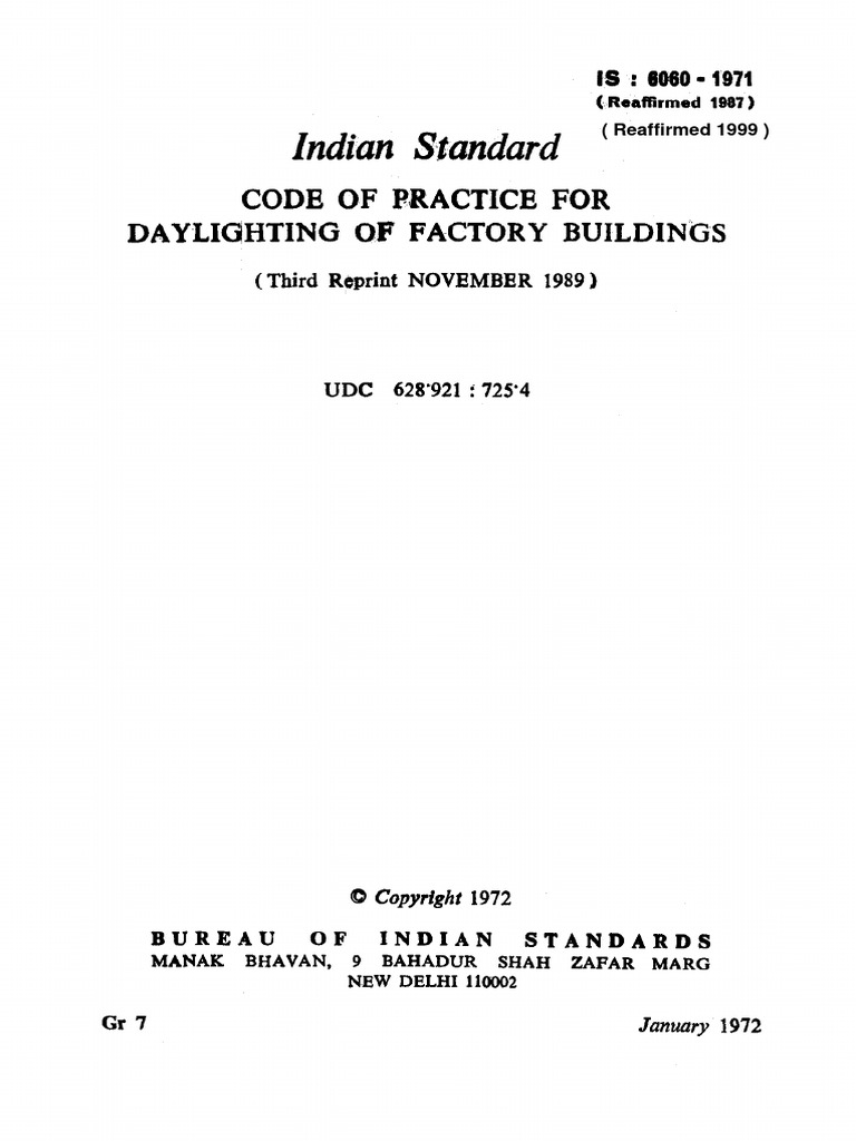 Indian Standard: Code of Practice For Daylighting of Factory Buildings ...