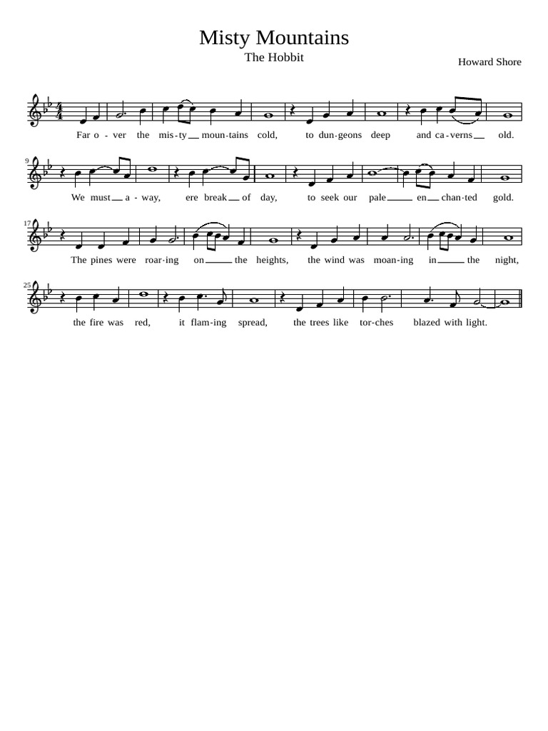 Misty Mountains Sheet Music Middle Earth Middle Earth Books