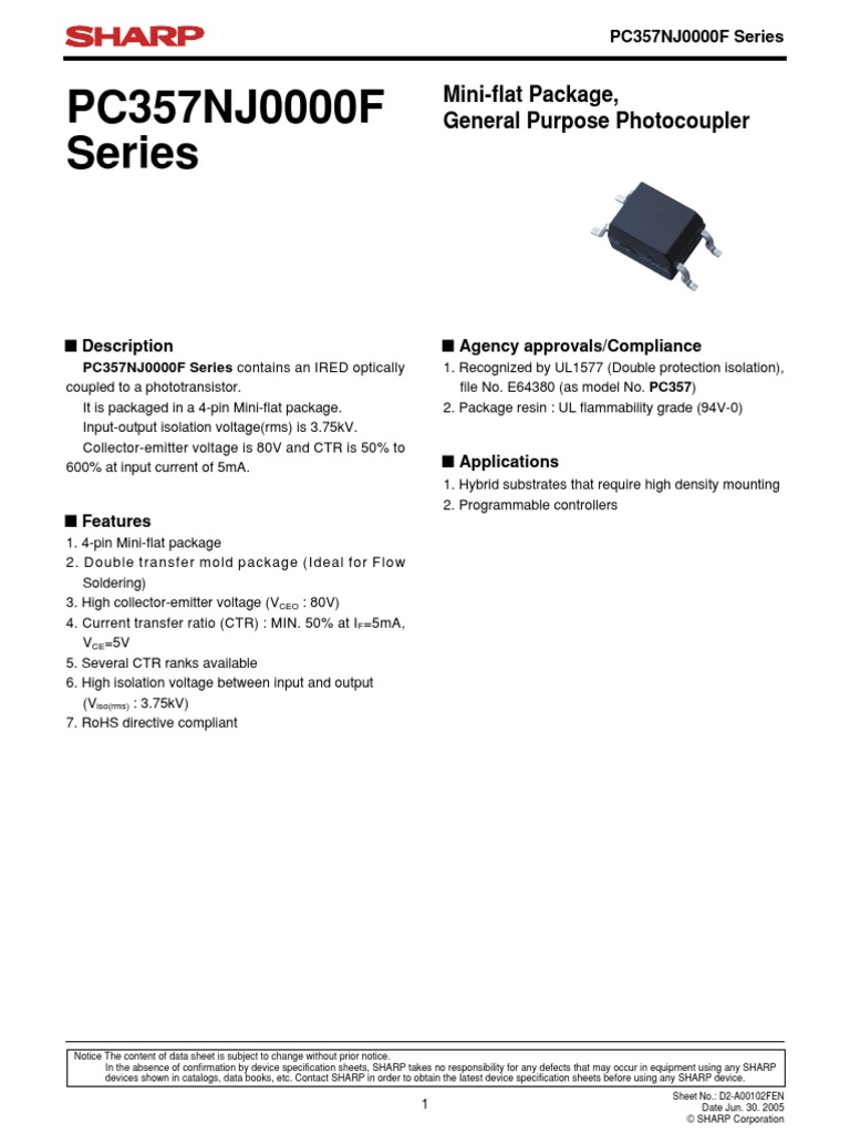 PC357NJ0000F Series: Mini-Flat Package, General Purpose Photocoupler ...