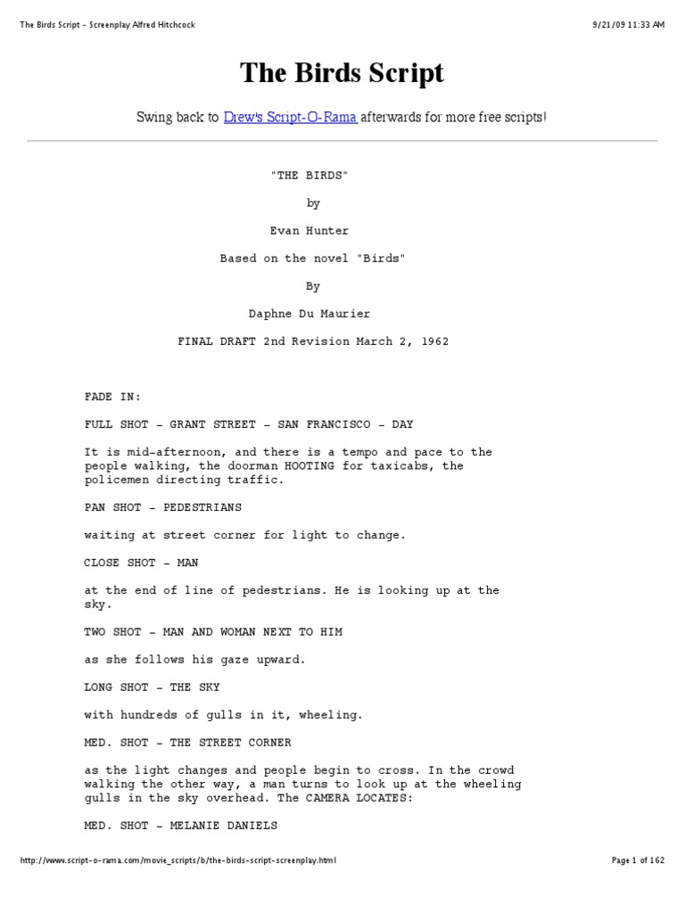 The Birds Script Screenplay Alfred Hitchcock PDF Leisure