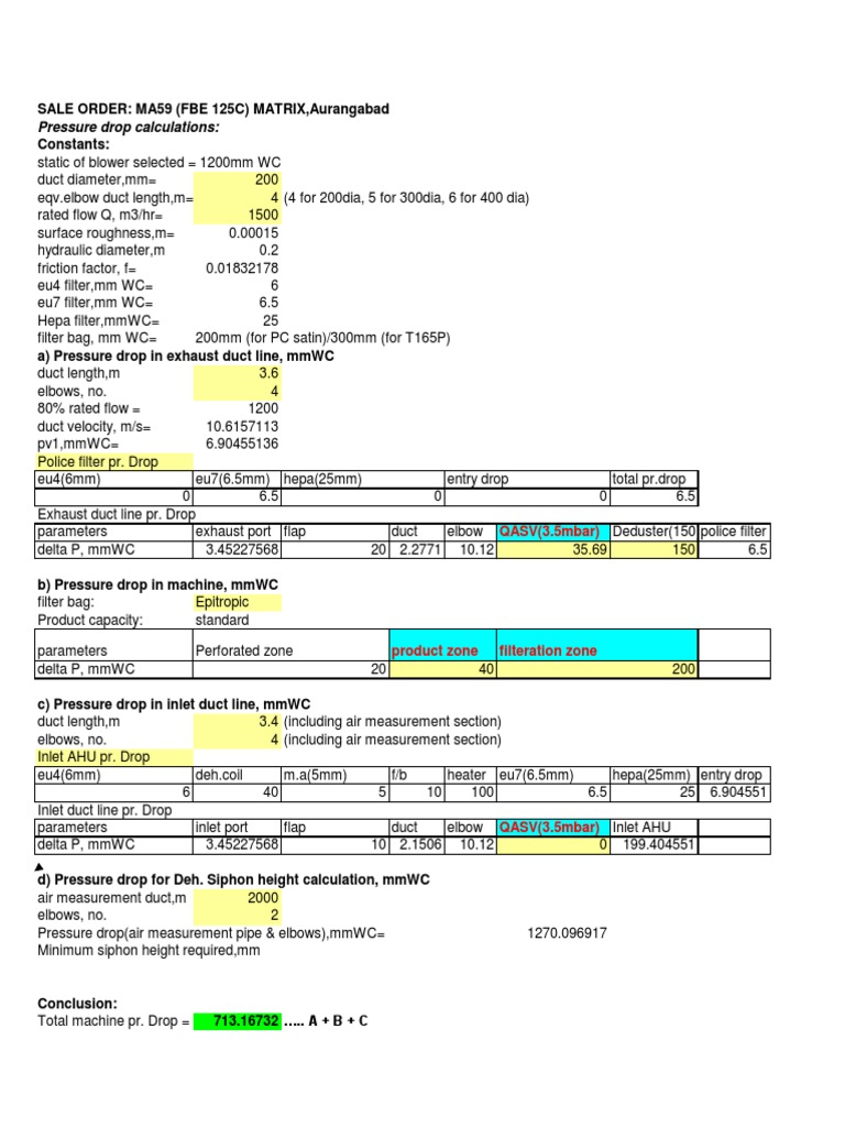 Pressure Drop Calculations for MA59 Matrix | PDF | Duct (Flow) | Pressure