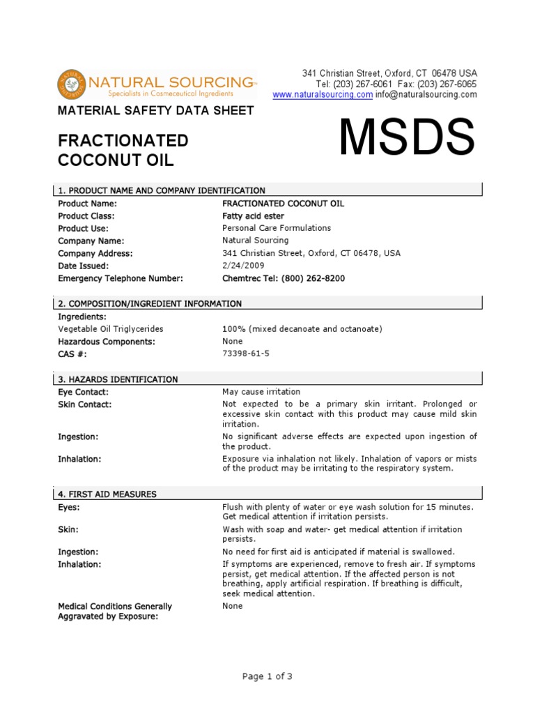 MSDS Fractionated Coconut Oil PDF Firefighting Hygiene