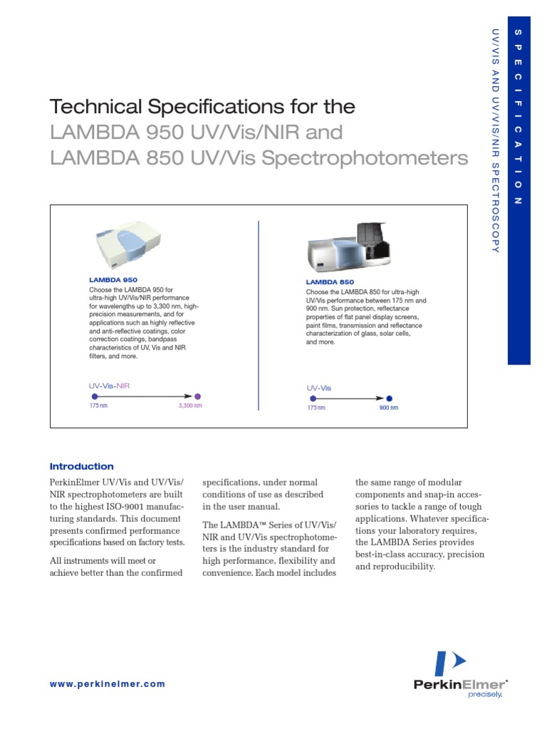 Technical Specifications For The LAMBDA 950 UV/Vis/NIR and LAMBDA 850