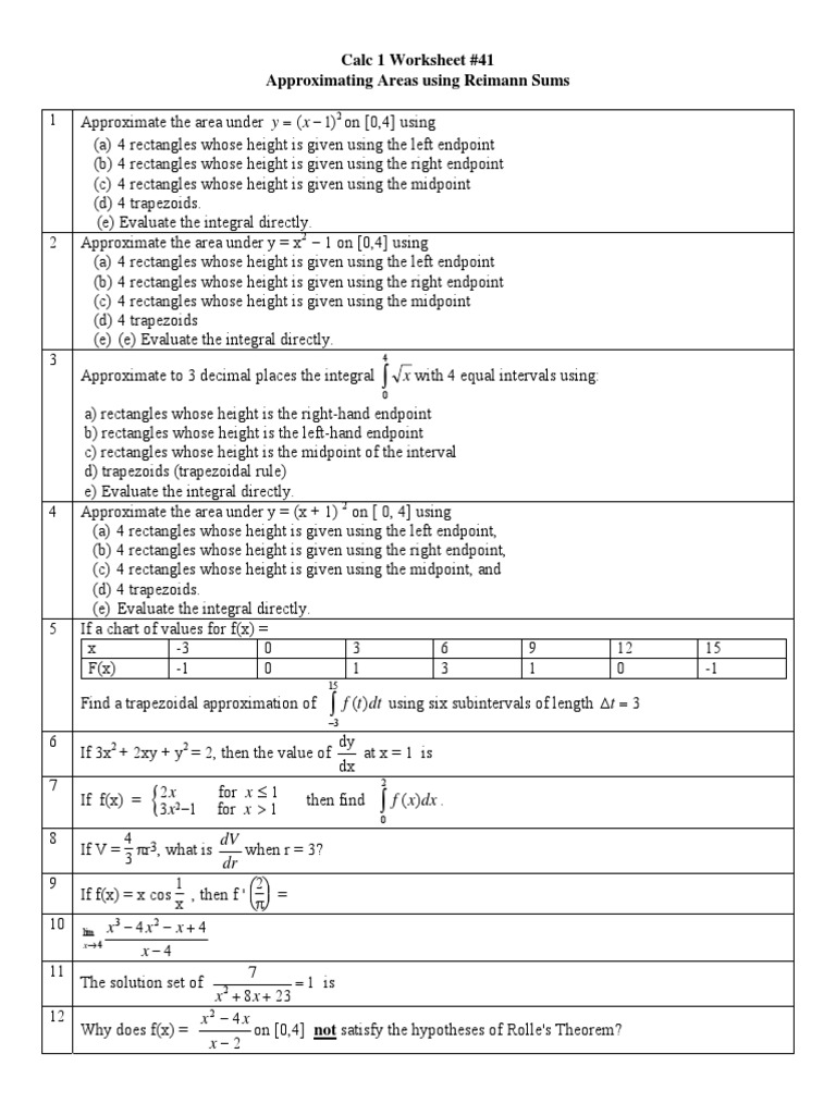 Riemann Sums Area Approximation Worksheet | PDF | Rectangle | Calculus