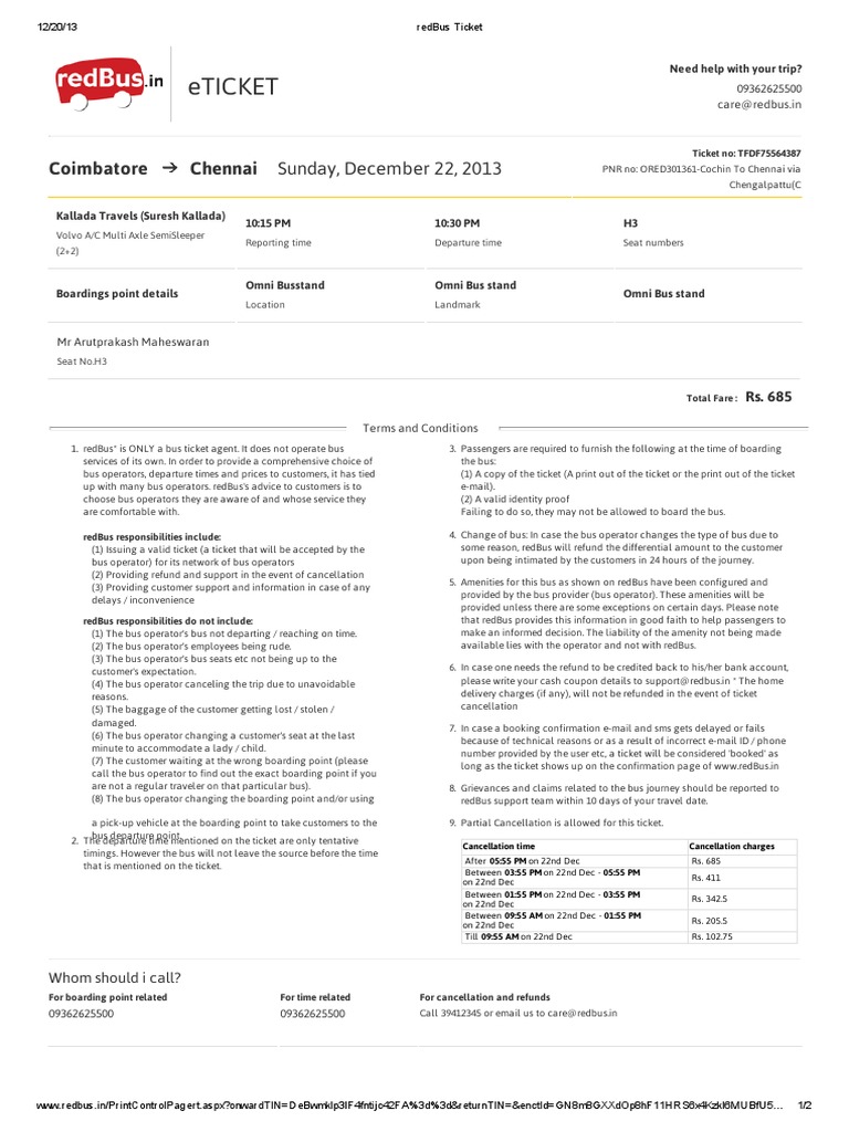 RedBus Ticket PDF Ticket (Admission) Bus