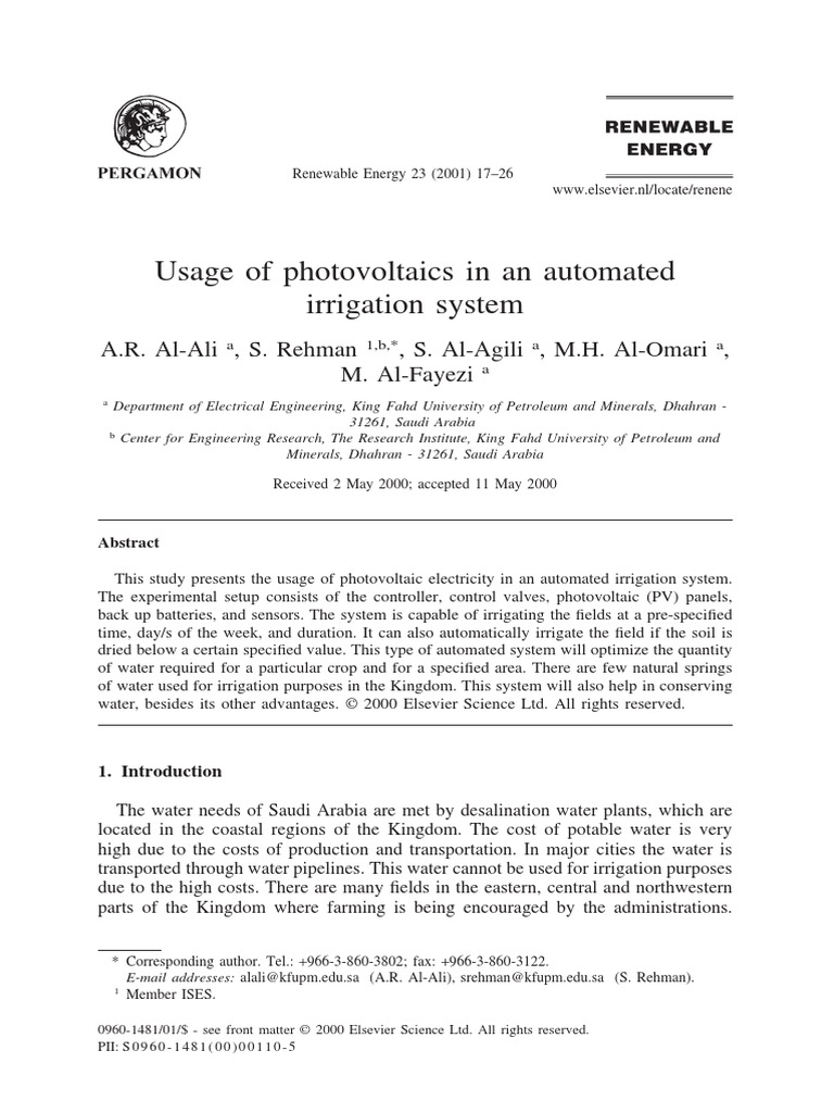 Usage Of Photovoltaics In An Automated Irrigation System