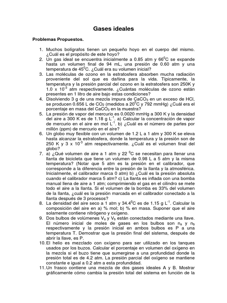 Problemas de Gases Ideales y Soluciones | PDF | Gases | Oxígeno