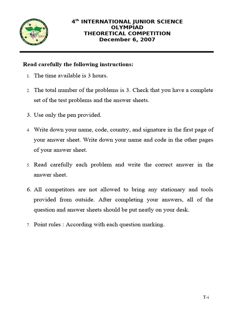 IJSO 2007 Theoretical Exam Instructions | PDF | Vein | Carbon Dioxide