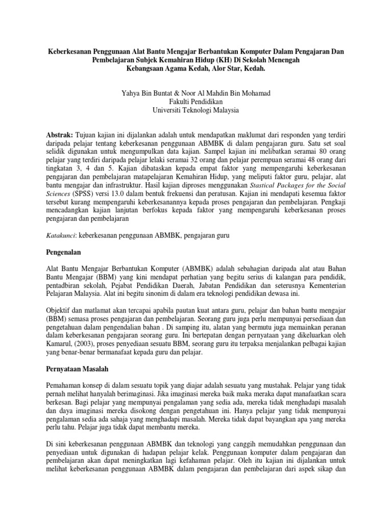 Keberkesanan Penggunaan Alat Bantu Mengajar Berbantukan Komputer Dalam Pengajaran Dan Pembelajaran Subjek Kemahiran Hidup Kh Di Sekolah Menengah Pdf