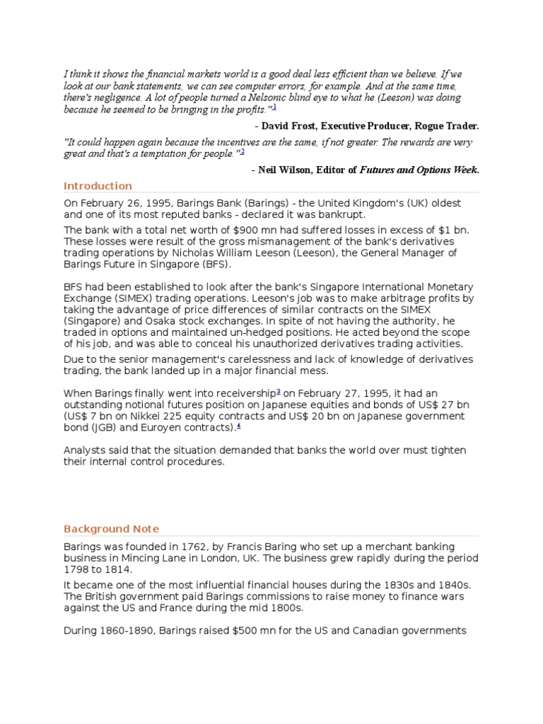 Barings Case Study | PDF | Ing Group | Arbitrage