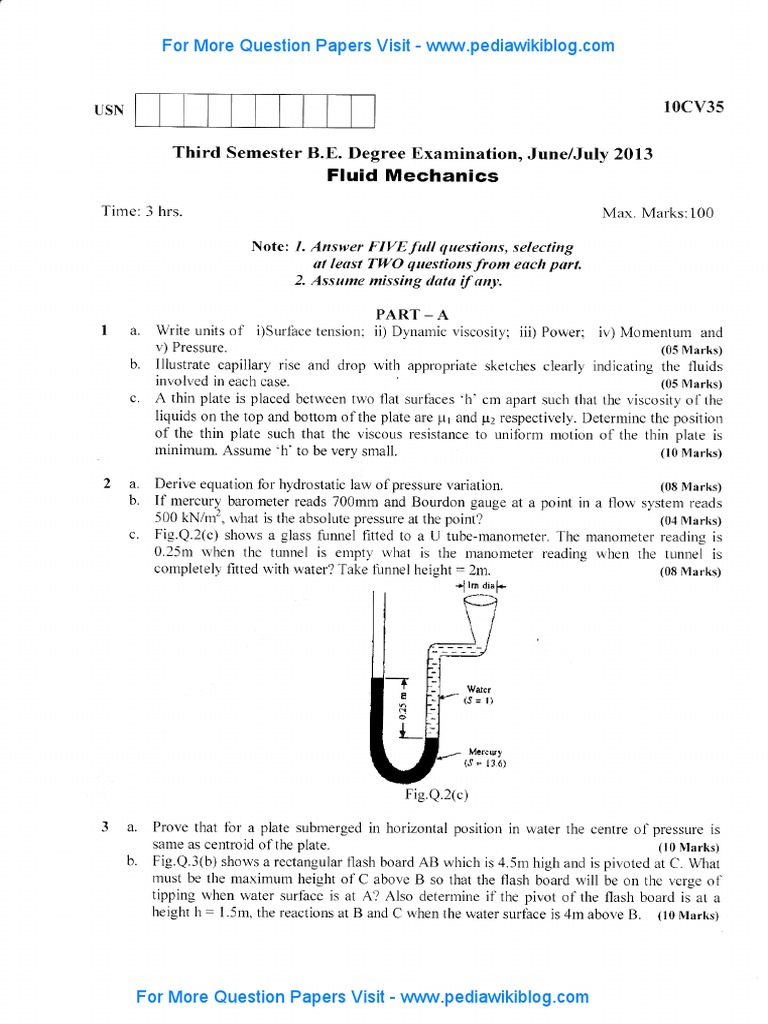 Fluid Mechanics Exam Paper 2013 | PDF | Pressure Measurement | Viscosity