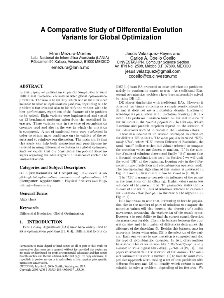 A Comparative Study of Differential Evolution Variants For Global ...