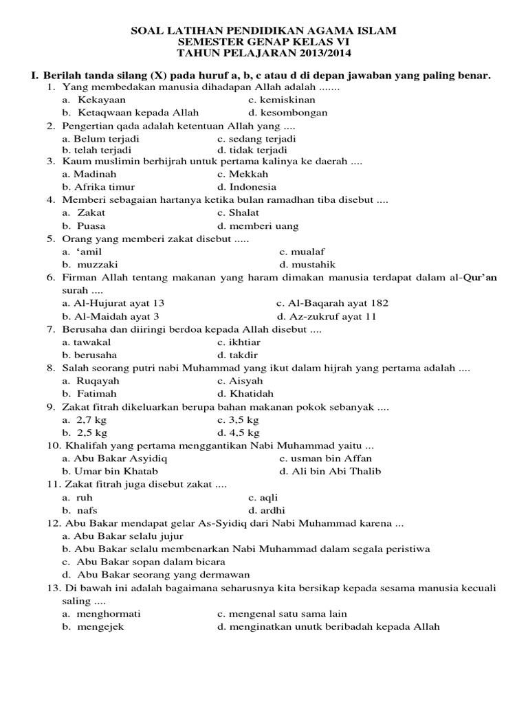 Soal Ujian Semester 2 Kls 10 Palajaran Pai