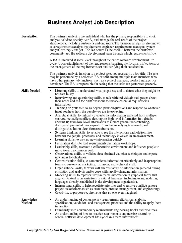 Business Analyst Job Description | PDF | Intelligence Analysis | Software  Development