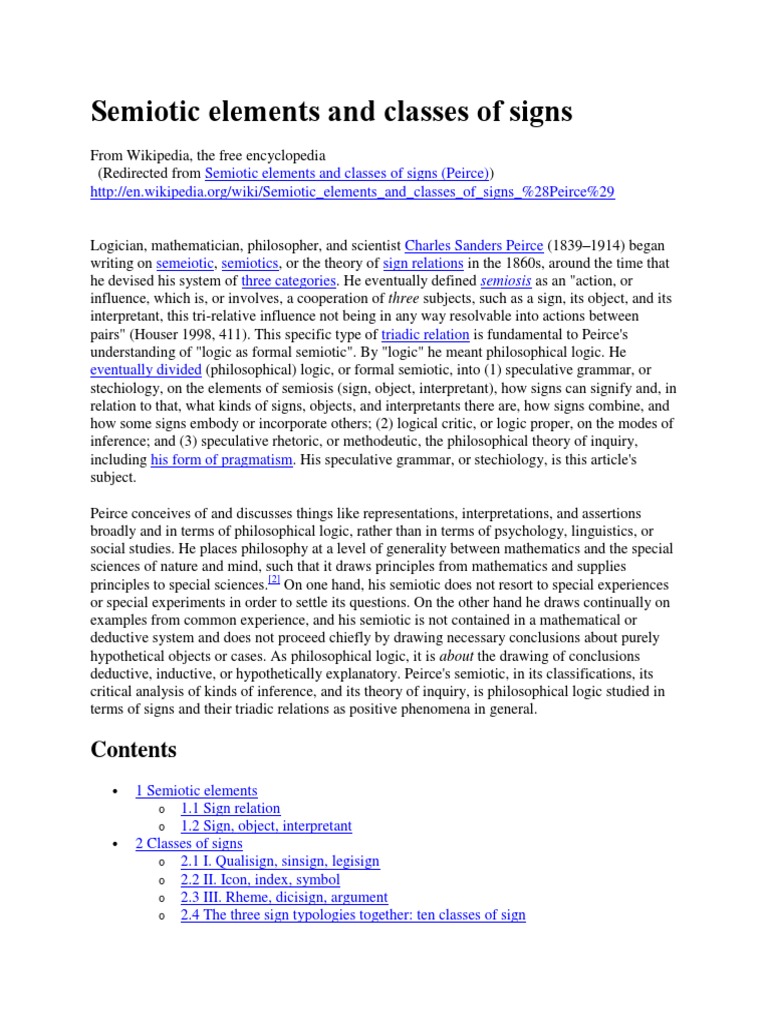 Semiotic Elements and Classes of Signs Wikipedia | Charles Sanders ...