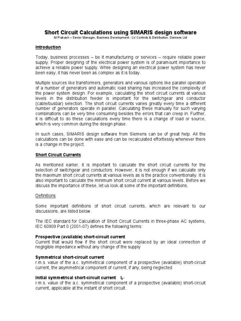 Short Circuit Calculations With SIMARIS Design | PDF | Electrical ...