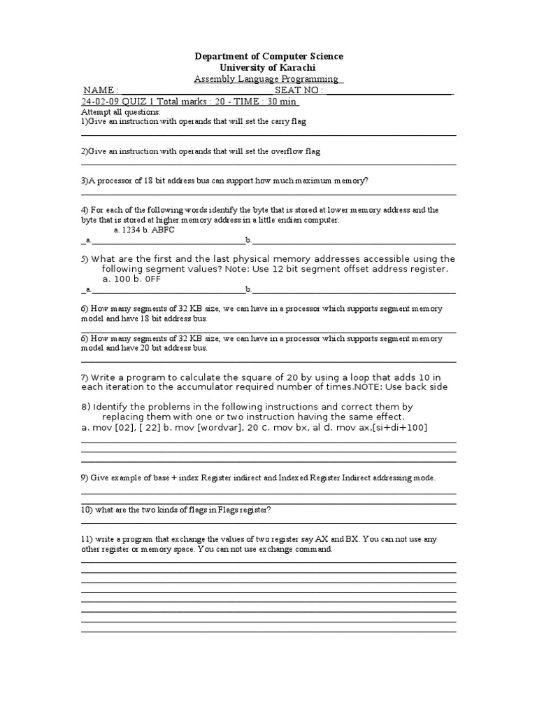 Assembly Language Programming Quiz | PDF
