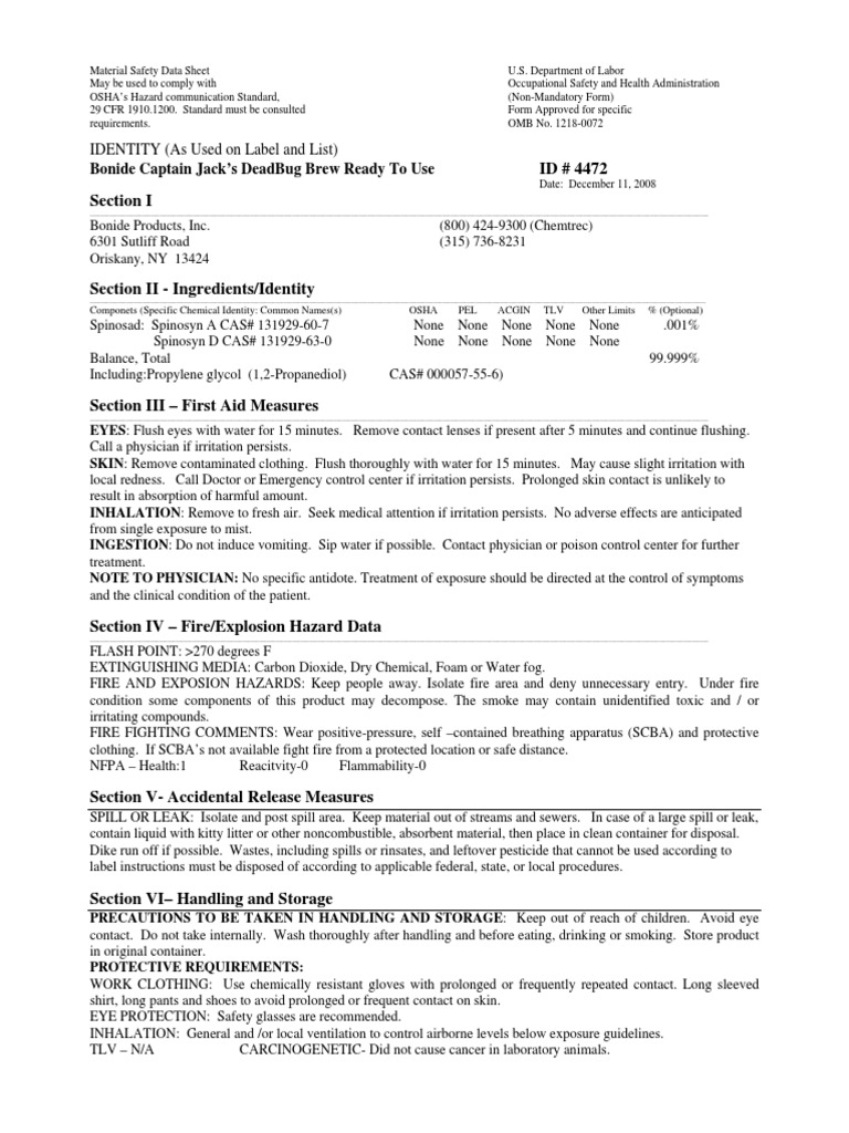 Captain Jack's DeadBug Brew MSDS PDF Occupational Safety And Health