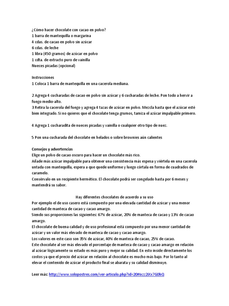 Cómo Hacer Chocolate Con Cacao en Polvo PDF Chocolate Alimentos