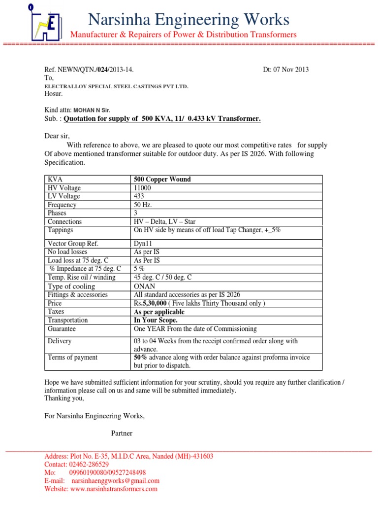 Transformer Quotations for 500 & 630 KVA | PDF