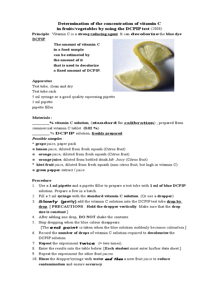 Determination of The Concentration of Vitamin C by Using The DCPIP Test