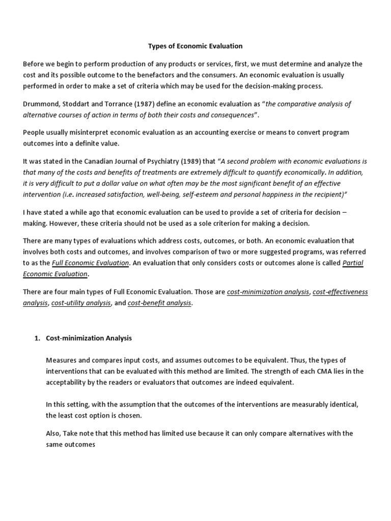 Types of Economic Evaluation Cost Effectiveness Analysis Evaluation