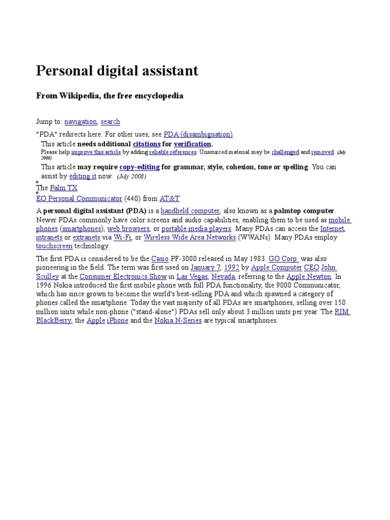 Personal Digital Assistant: From Wikipedia, The Free Encyclopedia | PDF ...