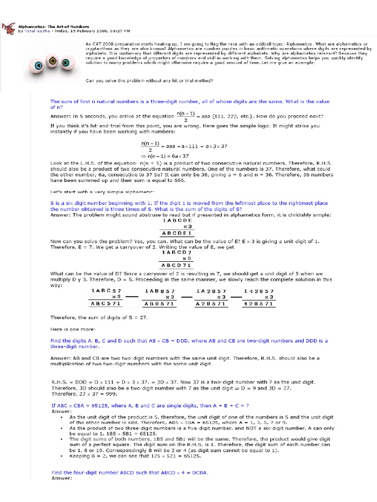Alphametics - The Art of Numbers | PDF