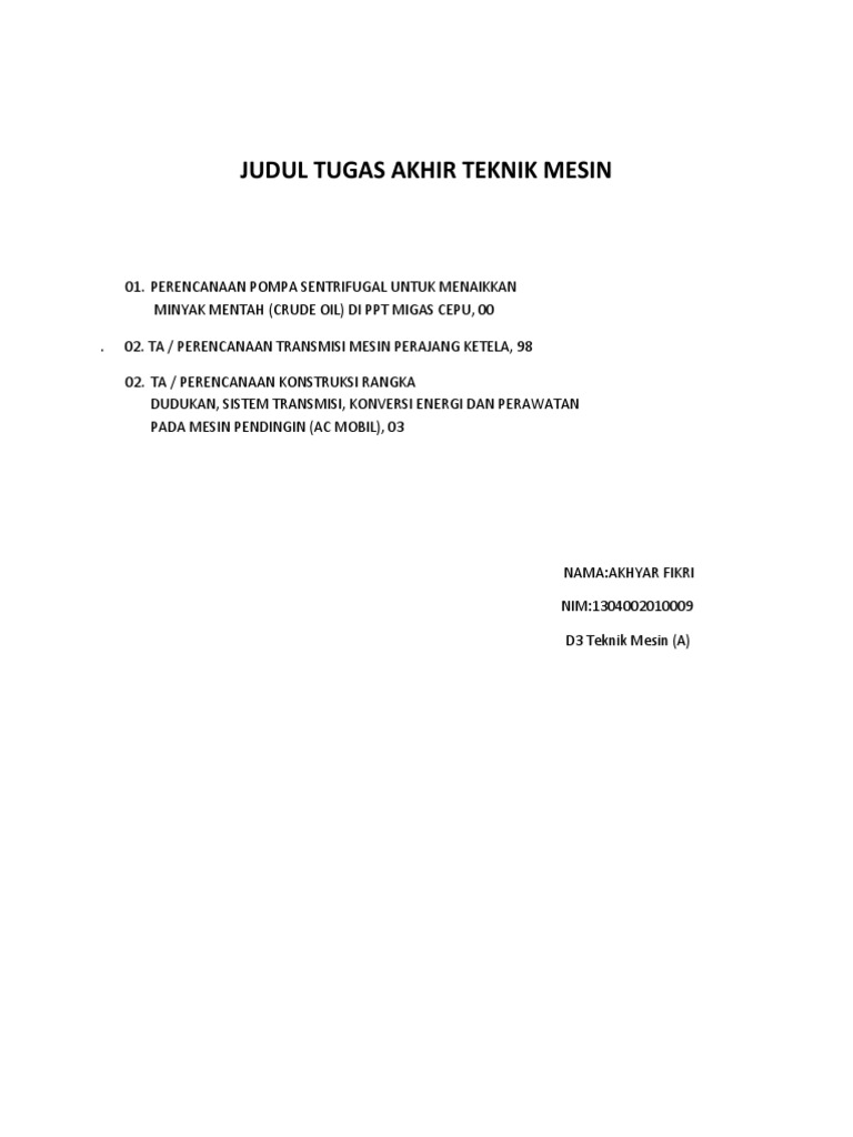 Judul Tugas Akhir Teknik Mesin