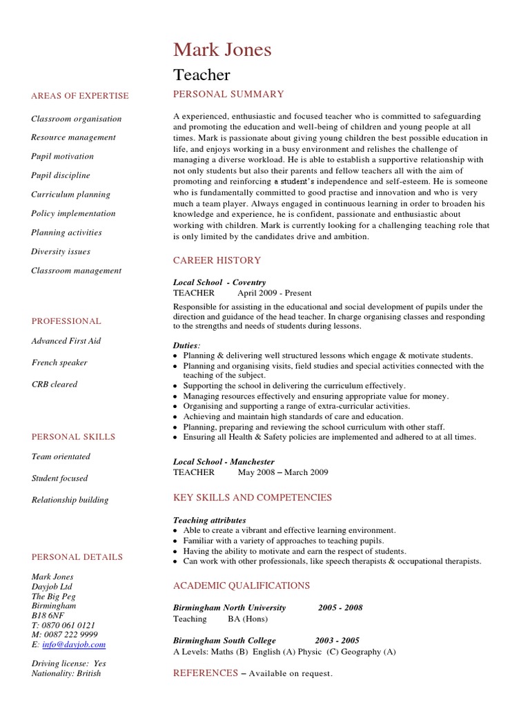 Teacher CV Example | PDF | Teachers | Curriculum