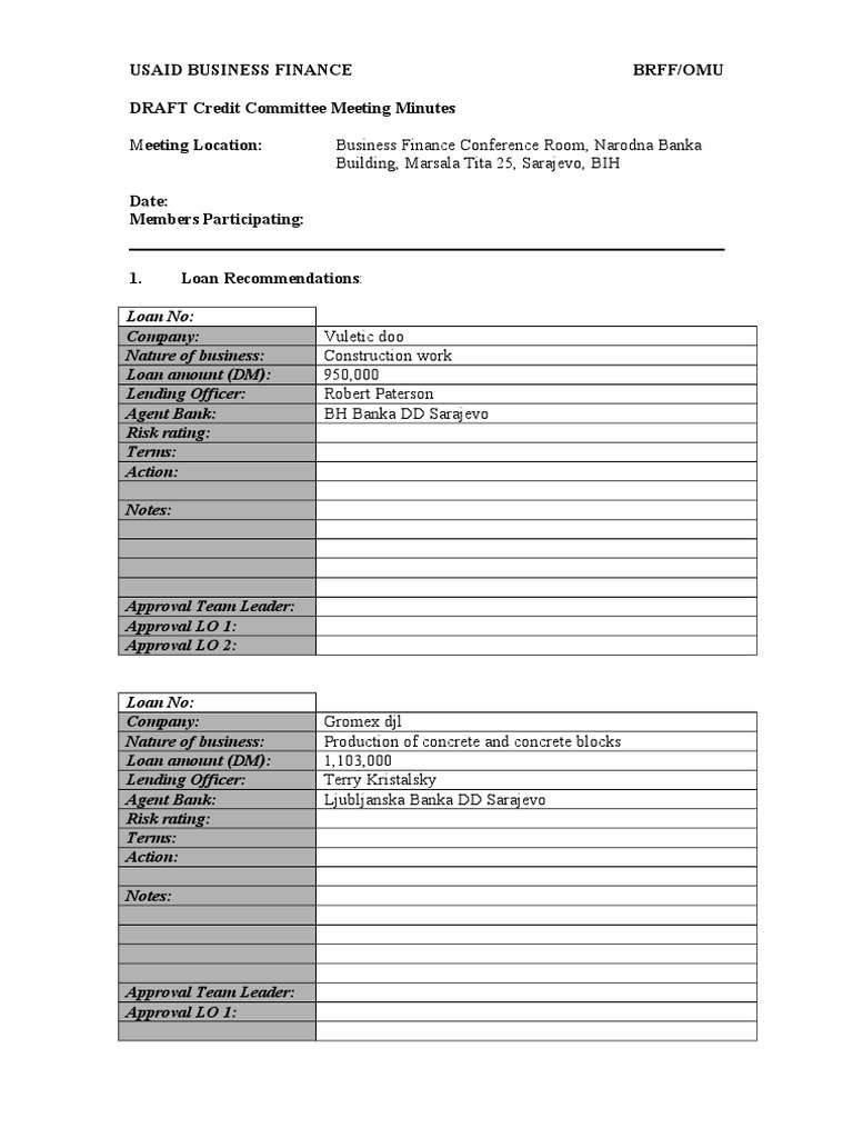 Credit Committee Meeting Minutes Template  PDF In Minutes Of The Meeting Template