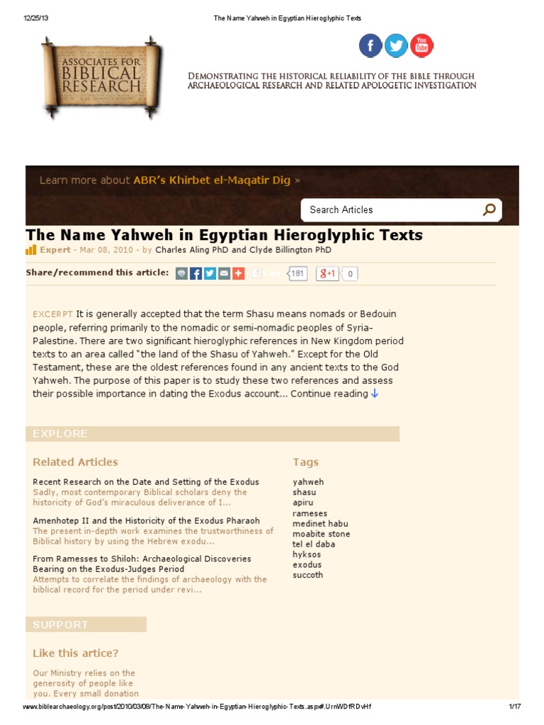 The Name YAHAWAH in Egyptian Hieroglyphic Texts | Yahweh | Book Of Exodus