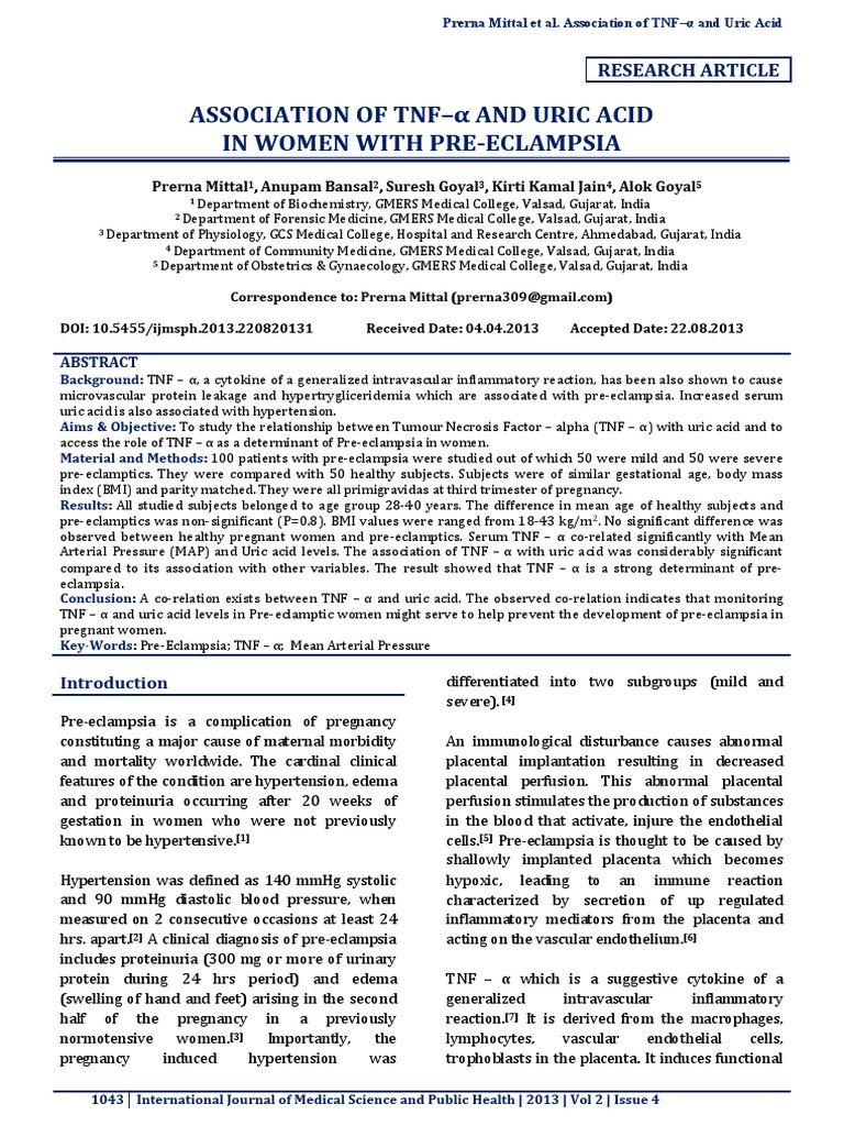Association Of Tnf-Α And Uric Acid In Women With Pre-Eclampsia | PDF ...