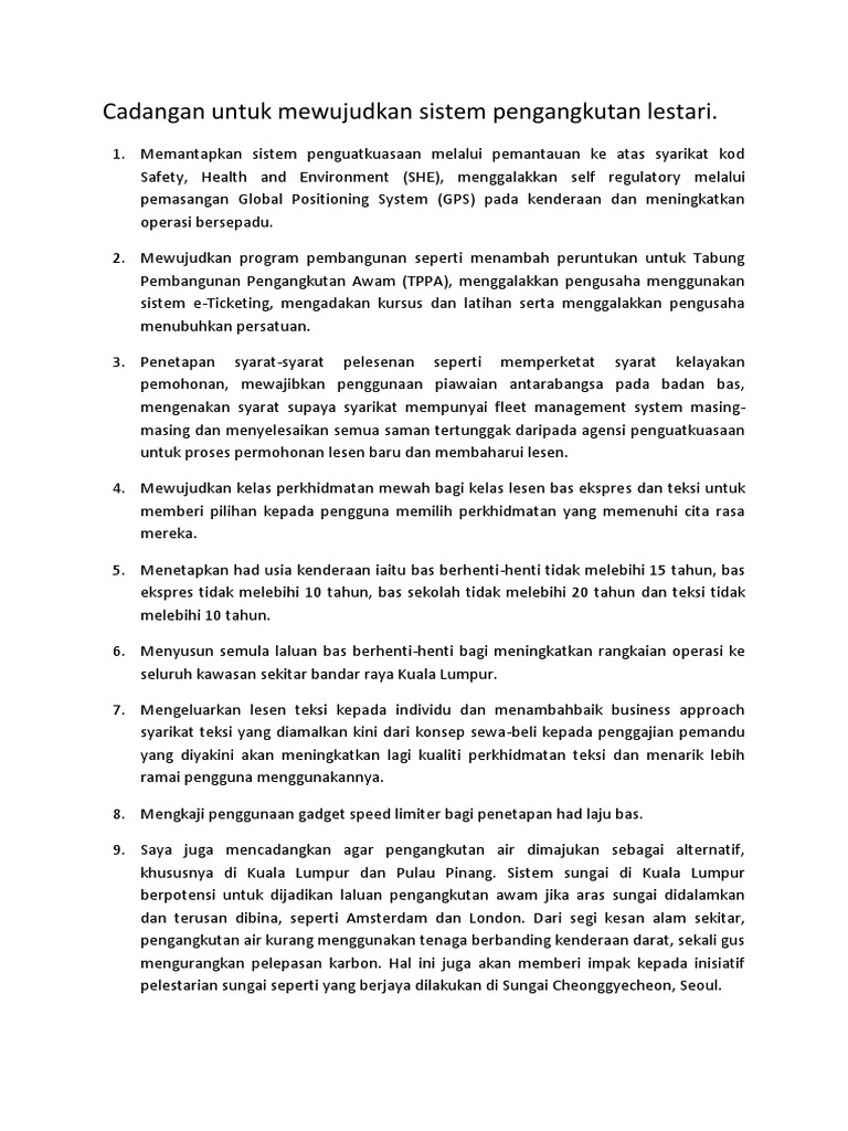 Cadangan Untuk Mewujudkan Sistem Pengangkutan Lestari Pbs Pdf
