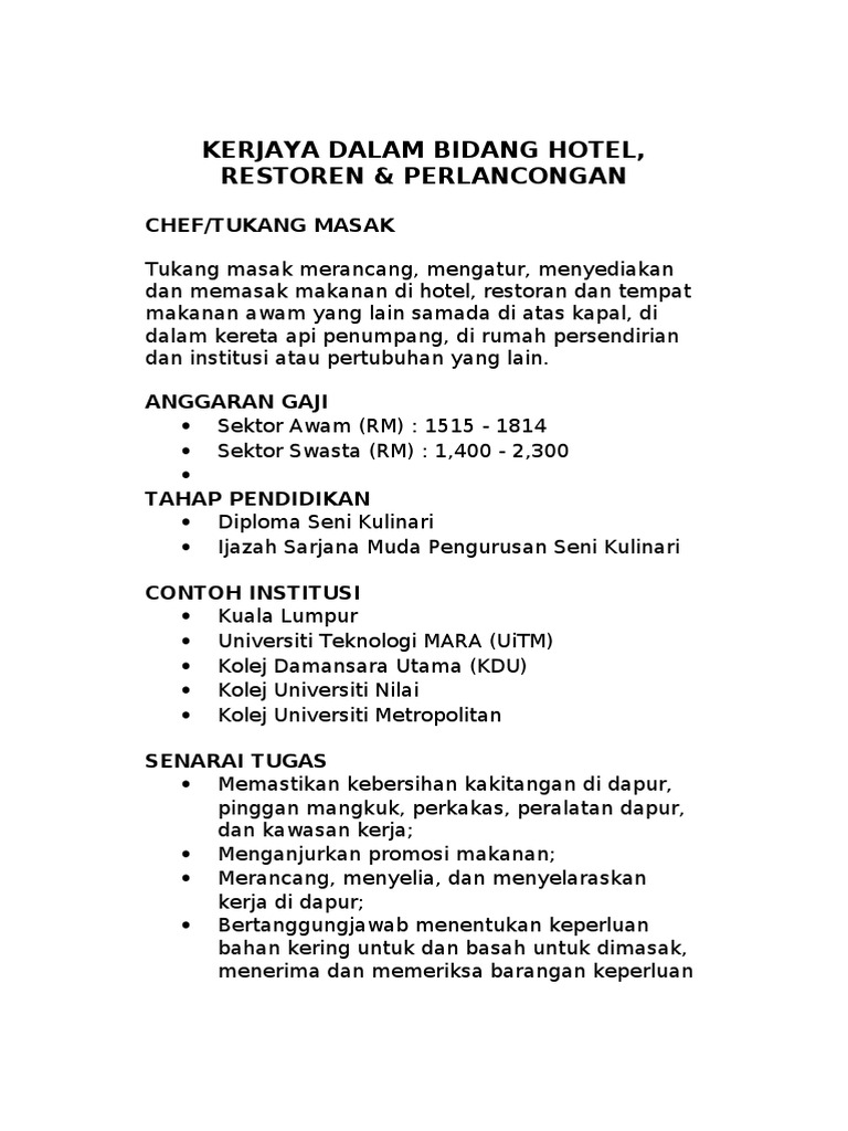 Kerjaya Hotel Restoran Dan Perlancongan Pdf