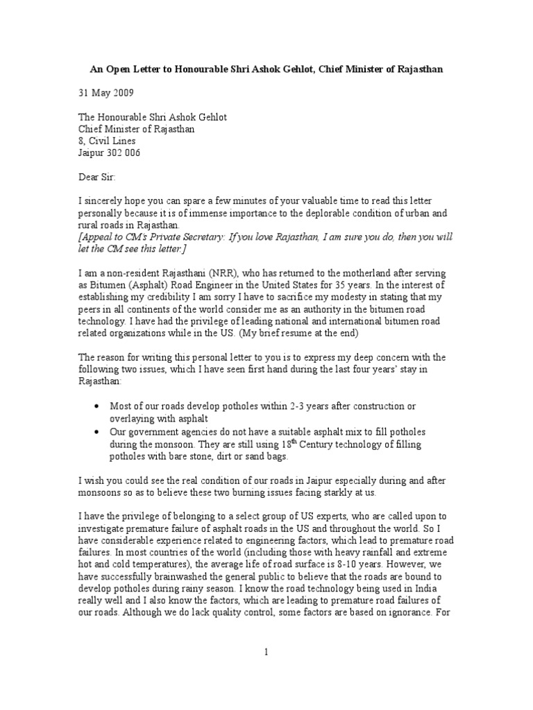 Open Letter To Honourable Shri Ashok Gehlot, Chief Minister of