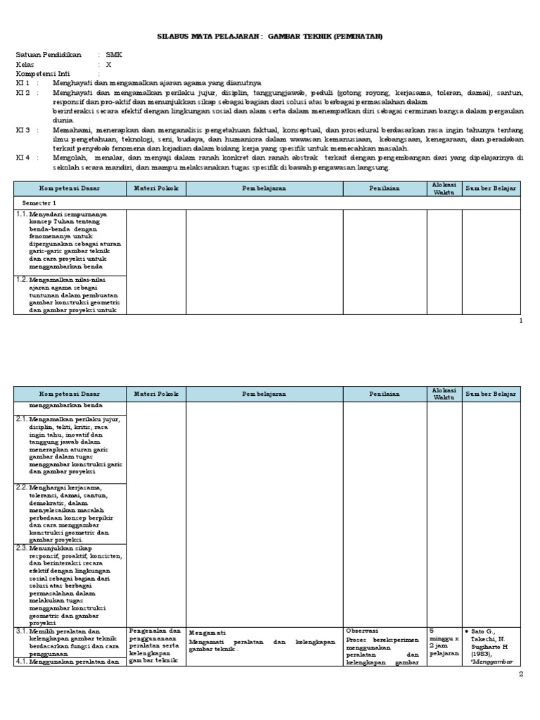 Silabus Gambar Teknik Kelas X Final 060713 Silabus Gambar Teknik Kelas X Final 060713