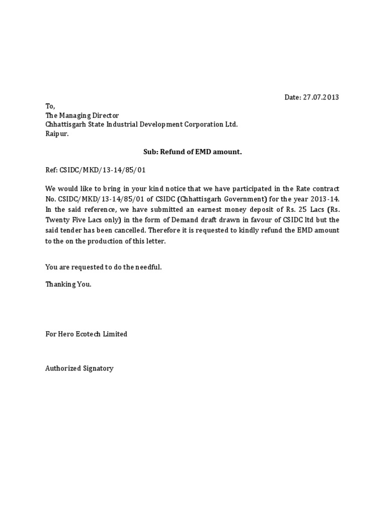 Letter for Refund of EMD