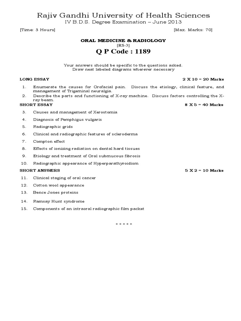 BDS - IV Year - Oral Medicine & Radiology - RS3 - June 2013 | PDF