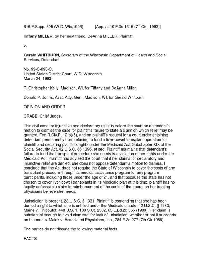 Miller V Whitman WD Wis PDF Medicaid Consolidated Omnibus Budget