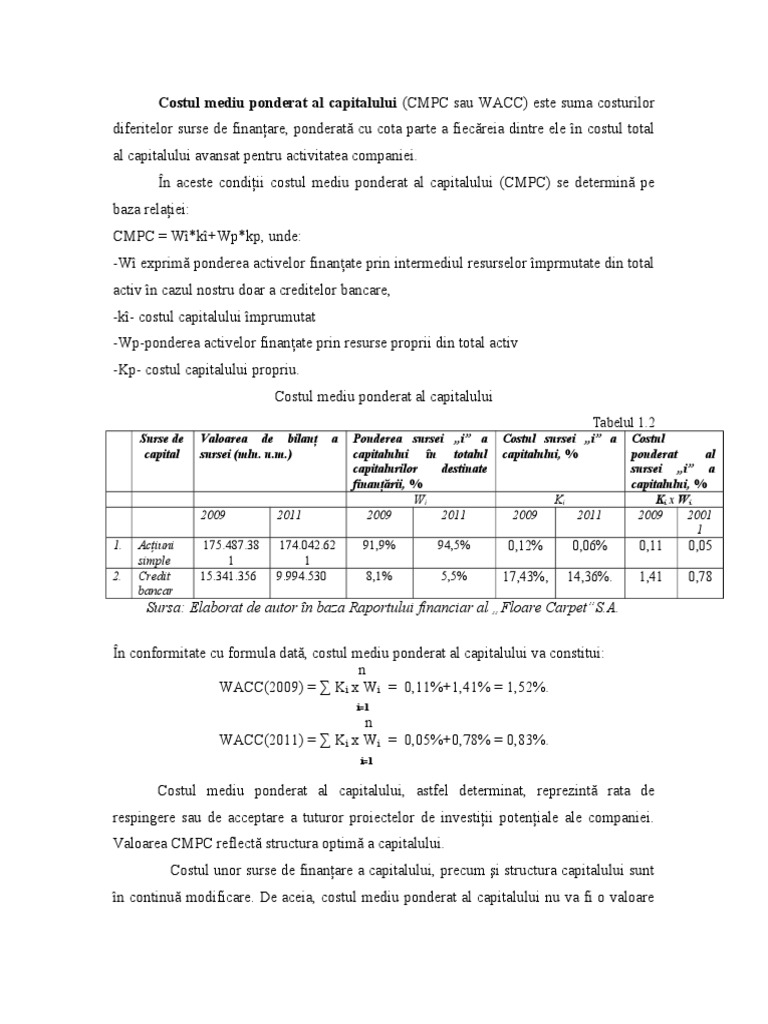 Costul Mediu Ponderat Al Capitalului