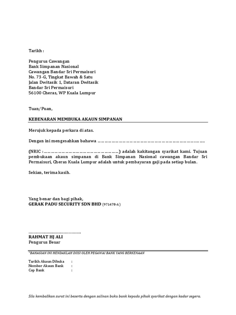 Surat Rasmi Pembukaan Akaun Bank - Toast Nuances