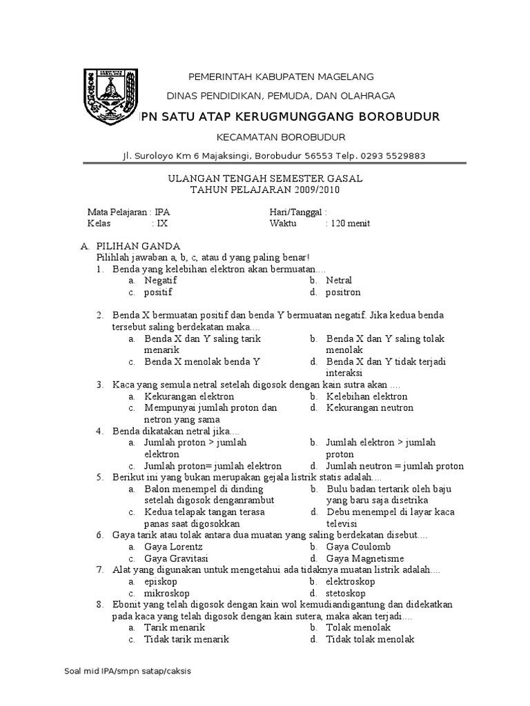 Latihan Soal Ipa Kelas 9 Listrik Statis