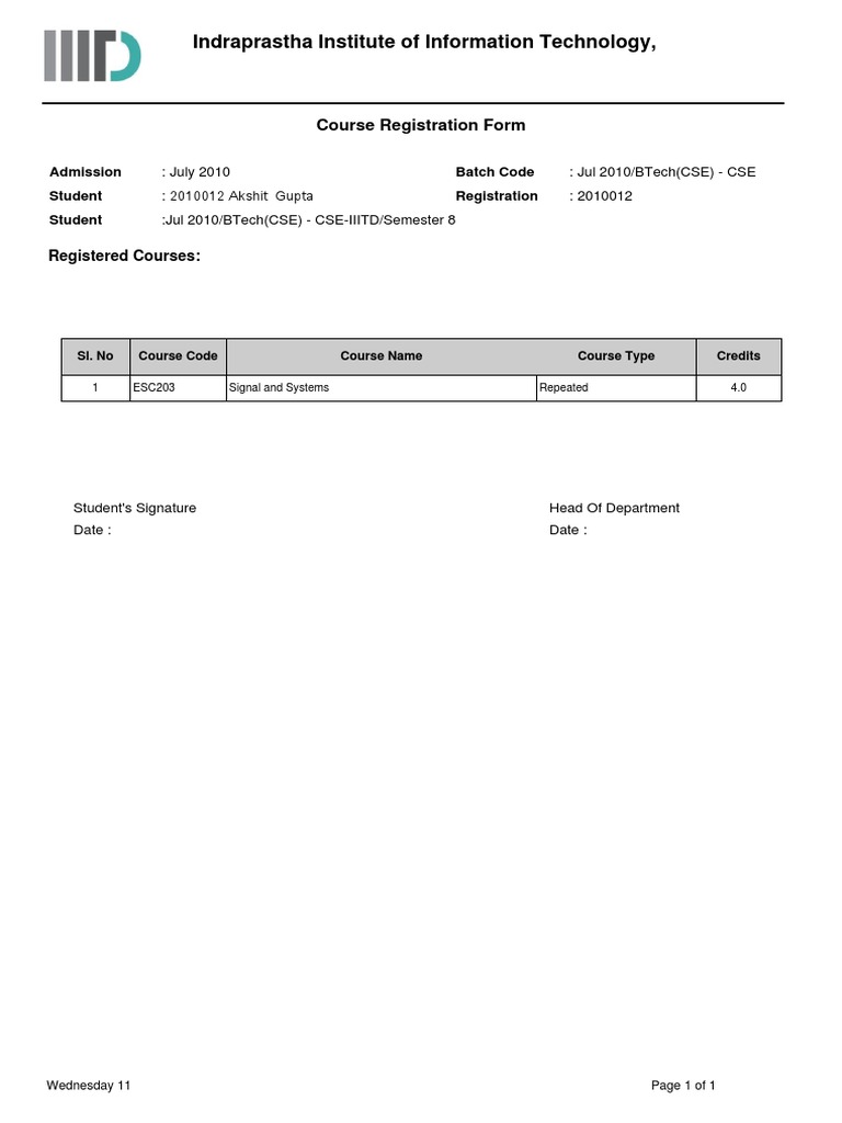 BTech CSE Course Registration Form | PDF | Computers