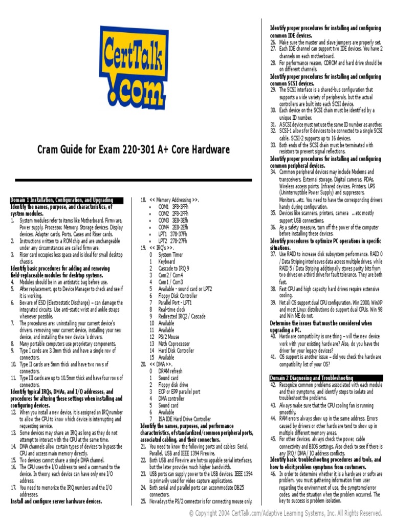 Cram Guide For Exam 220-301 A+ Core Hardware: Domain 1 Installation ...